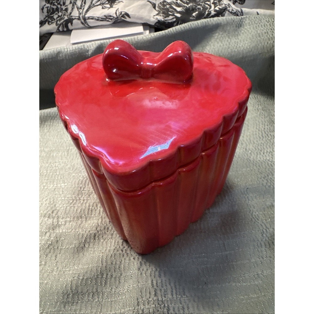Red Pink Ceramic Iridescent Lustreware Heart with Bow Trinket Keepsake Box